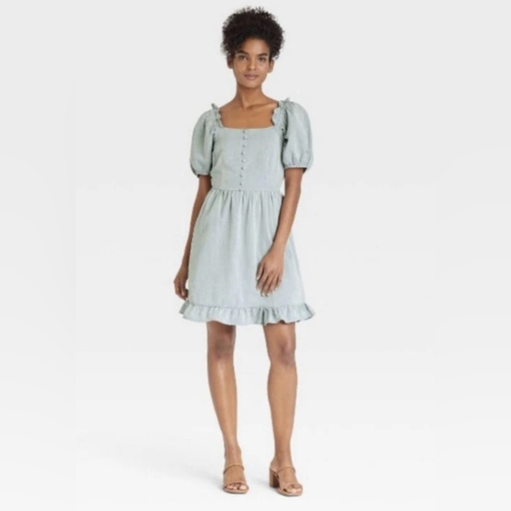 Who What Wear Chambray Light Blue Twill‎ Puff Sleeve Mini Dress size XXL
